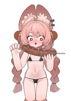 1girl @_@ ahoge animal_ear_fluff animal_ears bikini black_bikini blush braid breasts ear_piercing flasso food furry furry_female highres holding holding_food long_hair micro_bikini navel open_mouth phallic_symbol piercing pink_fur pink_hair rabbit_ears rabbit_girl red_eyes sausage sexually_suggestive short_eyebrows small_breasts solo sweat swimsuit thick_eyebrows thigh_gap twin_braids very_long_hair white_background wide-eyed zenless_zone_zero zhao_(zenless_zone_zero)