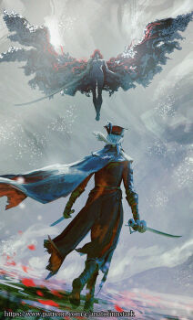 Rule 34 | 2girls, anato finnstark, bloodborne, boots, cape, coat, commentary, company connection, crossover, dagger, dual wielding, elden ring, english commentary, gloves, hat, hat feather, highres, holding, holding dagger, holding knife, holding sword, holding weapon, knife, lady maria of the astral clocktower, long hair, malenia blade of miquella, malenia goddess of rot, mechanical arms, multiple girls, patreon username, prosthesis, prosthetic arm, rakuyo (bloodborne), red hair, single mechanical arm, sword, tricorne, watermark, weapon, web address, white hair, wings