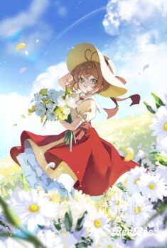 1girl absurdres ahoge artist_logo beebee1120 bouquet brown_hair cardcaptor_sakura child chinese_commentary cloud cloudy_sky commentary day field flower green_eyes hat highres holding holding_bouquet kinomoto_sakura logo looking_at_viewer open_mouth outdoors puffy_short_sleeves puffy_sleeves red_skirt scene_reference short_hair short_sleeves skirt sky solo standing sun_hat