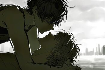 0k_sic 2boys adam's_apple black_shirt closed_mouth eye_contact from_side highres looking_at_another lying male_focus multiple_boys on_back original outdoors parted_bangs shirt short_hair sky tank_top yaoi