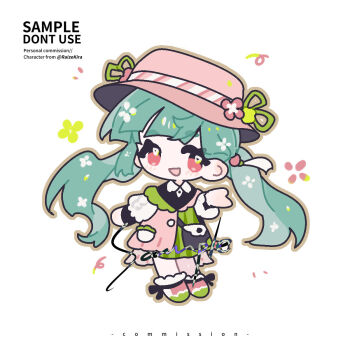 1girl :d blunt_bangs blush_stickers brown_outline chibi chibi_only commentary commission dress english_commentary flower_symbol full_body green_dress green_hair hand_up hat highres long_hair long_sleeves looking_at_viewer moroo notice_lines open_mouth original outline pink_hat pink_shoes red_eyes sample_watermark shoes simple_background smile solo standing twintails twitter_username vgen_commission watermark white_background