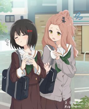 Rule 34 | 2girls, artist name, bag, bangs pinned back, black bag, black hair, bluesky username, bow, brown hair, brown serafuku, brown shirt, brown skirt, building, buttons, cardigan, casyu nut, closed eyes, closed mouth, commentary, egg, flying sweatdrops, food, food on face, food wrapper, green neckerchief, grey cardigan, hair bow, hair ornament, hands up, hibike! euphonium, highres, hisaishi kanade, holding, holding egg, holding food, kenzaki ririka, kitauji high school uniform, long hair, multiple girls, neckerchief, open mouth, outdoors, parking lot, pout, red bow, sailor collar, school bag, school uniform, serafuku, shirt, short hair, shoulder bag, skirt, sound effects, standing, star (symbol), star hair ornament, steamed bun, symbol-only commentary, turning head, twitter username, utility pole, wavy mouth, white sailor collar, yellow eyes