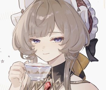 Rule 34 | 1girl, black collar, blue eyes, bonnet, brown hair, closed mouth, collar, commentary, cup, detached collar, gem, genshin impact, hand up, holding, holding cup, long hair, looking at viewer, portrait, red gemstone, sandrone (genshin impact), simple background, solo, suwa (swk kkk), symbol-only commentary, teacup, white background
