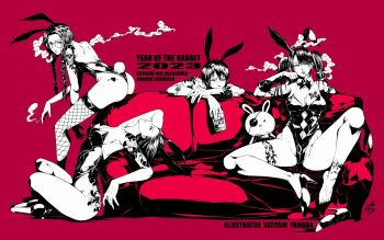 2023 4girls arched_back ass beer_can braid breasts can chinese_zodiac cigarette cleavage commentary_request couch drink_can fishnet_thighhighs fishnets glasses high_heels limited_palette long_hair looking_at_viewer medium_breasts multiple_girls original playboy_bunny short_hair sitting smoking stuffed_animal stuffed_rabbit stuffed_toy tattoo thighhighs twin_braids twintails yamada_satoshi year_of_the_rabbit