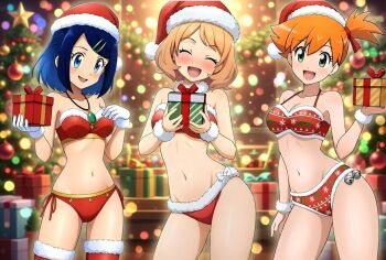 3girls :d alexkonakona bell bikini black_hair blue_eyes blush bow box breasts christmas christmas_tree cleavage closed_eyes commentary eyelashes fur-trimmed_bikini fur-trimmed_gloves fur-trimmed_headwear fur-trimmed_legwear fur-trimmed_thighhighs fur_trim fur_wrist_cuffs gift gift_box gloves green_eyes hair_ornament hairclip hand_up hat holding holding_gift holding_sack liko_(pokemon) merry_christmas misty_(pokemon) multiple_girls navel nintendo one_side_up open_mouth orange_hair pokemon pokemon_(anime) pokemon_(classic_anime) pokemon_horizons pokemon_xy_(anime) red_bikini red_hat red_thighhighs sack santa_bikini santa_costume santa_hat serena_(pokemon) side-tie_bikini_bottom smile swimsuit thighhighs white_bow white_gloves wrist_cuffs
