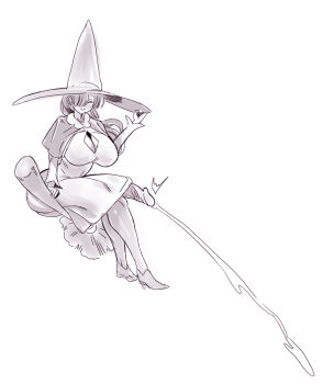 1girl blush breasts broom broom_riding cum ejaculation english_text erection futanari gigantic_penis greyscale hair_ribbon handsfree_ejaculation hat huge_breasts long_hair monochrome original panzermeido penis ribbon uncensored white_background witch_hat