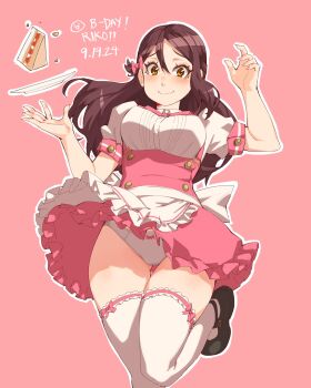 1girl apron black_shoes blush bow bow_panties breasts brown_eyes cake cake_slice commentary dated dress food gluteal_fold hair_bow happy_birthday highres large_breasts long_hair love_live! love_live!_sunshine!! nervous_smile panties pink_background pink_bow pink_dress plate red_hair sakurauchi_riko shoes smile solo standing standing_on_one_leg thighhighs thighs toadsterz underwear upskirt waist_apron white_panties white_thighhighs wide_hips