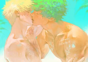 2boys absurdres adam&#039;s_apple arm_up bakugou_katsuki blonde_hair boku_no_hero_academia closed_eyes collarbone commentary_request dated eyelashes green_hair hand_on_another&#039;s_arm highres lips male_focus midoriya_izuku multiple_boys nude pectorals profile short_hair signature smile upper_body utobeans wavy_hair yaoi