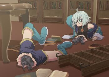 1boy ahoge android aqua_boots aqua_jacket bilingual_commentary bisected black_shirt blue_shorts book book_stack bookshelf boots damaged exposed_internal_machinery full_body glasses green_eyes grey_hair hair_over_one_eye highres indoors jacket ladder library male_focus mechabare mixed-language_commentary on_floor open_book original shirt short_hair shorts solo table thigh_boots vanilla_(vanillaklein) vanillaklein