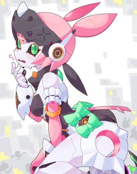 1girl aria_(zenless_zone_zero) bare_shoulders bow breasts commentary_request detached_sleeves flying_sweatdrops green_bow green_eyes headgear highres humanoid_robot kni-droid open_mouth pink_hair robot robot_girl small_breasts solo sweatdrop zenless_zone_zero