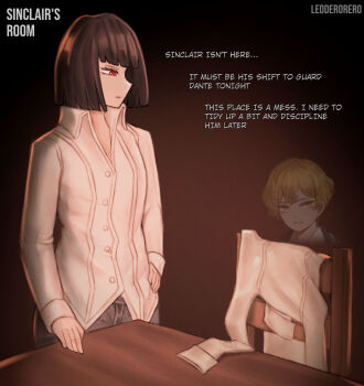 1boy 1girl artist_name black_background black_hair blonde_hair bob_cut breasts brown_background chair closed_mouth collared_shirt english_text hand_on_own_hip hetero leoderorero limbus_company long_sleeves pants project_moon red_eyes ryoshu_(project_moon) shirt short_hair simple_background sinclair_(project_moon) small_breasts solo_focus table white_shirt yellow_eyes