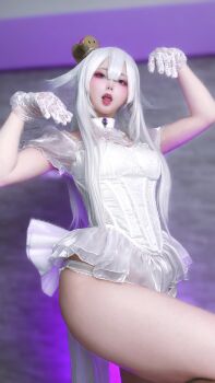 1girl ahegao blush breasts brooch choker cosplay crown dress eyeshadow gloves highres japanese_(nationality) jewelry king_boo lipstick long_hair luigi&#039;s_mansion makeup mario_(series) nagomitei_chu3 nintendo panties photo_(medium) princess_crown princess_king_boo real_life short_dress tongue tongue_out underwear white_dress white_hair white_panties