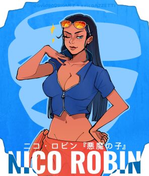 1girl artist_collaboration black_hair blue_background blue_eyes breasts character_name cleavage closed_mouth commentary cowboy_shot english_commentary ericacearborea eyelashes hair_slicked_back hand_on_own_hip high_collar highres itsmkor long_hair looking_at_viewer midriff navel nico_robin one_eye_closed one_piece sarong short_sleeves smile solo sparkle tan zipper