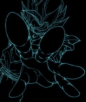 1boy black_background blue_theme cowboy_shot dougi dragon_ball dragon_ball_super earrings gloves hand_focus hashtag-only_commentary highres jewelry lineart majinn48 male_focus medium_hair muscular muscular_male pants potara_earrings sash shirt simple_background smirk solo spiked_hair super_saiyan super_saiyan_blue vegetto