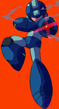 1boy absurdres arm_cannon armor blue_armor blue_bodysuit blue_eyes bodysuit closed_mouth danyhu16 full_body hashtag-only_commentary highres male_focus mega_man:_dual_override mega_man_(character) mega_man_(classic) mega_man_(series) orange_background robot serious solo weapon