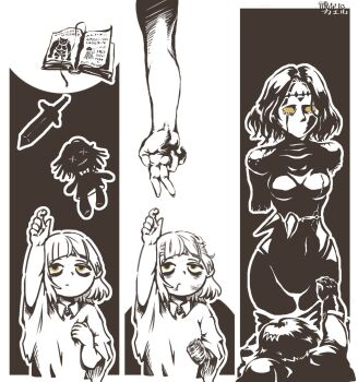 1boy 1girl amputee arm_up bandaged_arm bandages book cahara_(fear_&amp;_hunger) child dagger dirty doll dress fear_&amp;_hunger_(series) fear_&amp;_hunger_1 gloves hashtag-only_commentary highres knife multiple_views nvc_3days open_book reaching reaching_towards_another sepia short_hair spoilers spot_color stitched_forehead the_girl_(fear_&amp;_hunger) the_god_of_fear_and_hunger weapon yellow_eyes