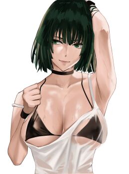 1girl arm_up armpits bikini black_bikini black_choker blunt_bangs breasts choker cleavage closed_mouth collarbone female_focus fubuki_(one-punch_man) green_eyes green_hair hand_in_own_hair hand_on_own_chest highres j@ck large_breasts looking_away looking_to_the_side matching_hair/eyes one-punch_man see-through_clothes shirt short_hair simple_background skindentation smile solo sweatband swimsuit tank_top underboob upper_body wet wet_clothes wet_shirt white_background