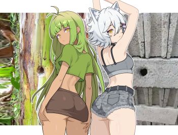 2girls absurdres animal_ear_fluff animal_ears arms_up ass belt black_belt black_choker border breasts brown_skirt cat_ears choker closed_mouth commentary cowboy_shot cowlick crop_top english_commentary gradient_hair green_hair grey_shorts hair_between_eyes highres hole_in_wall long_hair looking_at_viewer looking_back median_furrow multicolored_hair multiple_girls original personification photo_background senketsu05 short_hair shorts skirt slit_pupils small_breasts tan white_border white_hair yellow_eyes