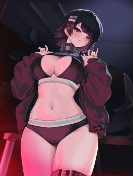 1girl absurdres belt binu_(nadenade) black_bra black_hair black_jacket black_panties bra breasts clothes_lift commentary_request ellen_joe fins fish_tail highres indoors jacket large_breasts lifting_own_clothes looking_at_viewer midriff navel panties red_eyes shark_girl shark_tail shirt_lift short_hair solo tail thigh_belt thigh_strap thighs underwear zenless_zone_zero