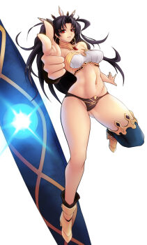 1girl armored_boots armored_collar asymmetrical_legwear asymmetrical_sleeves bang_(gesture) bare_legs bare_shoulders bikini black_bikini black_hair blue_light boots breasts chest_jewel clenched_teeth curtained_hair detached_collar detached_sleeves earrings fate/grand_order fate_(series) finger_gun floating floating_hair foot_up_heel_up forehead foreshortening full_body gem glint gluteal_fold gold_earrings groin hair_ribbon hand_focus heavenly_boat_maanna hoop_earrings ishtar_(fate) jewelry large_breasts linea_alba lips long_hair looking_at_viewer mismatched_bikini navel ningyoushi outstretched_arms outstretched_hand parted_bangs parted_lips pink_lips pointing pointing_at_viewer red_eyes red_gem ribbon sidelocks simple_background single_detached_sleeve single_thighhigh smile solo spread_arms spread_fingers standing standing_on_one_leg strapless strapless_bikini swimsuit teeth thick_eyelashes thighhighs tiara toned toned_female two_side_up uneven_legwear uneven_sleeves very_long_hair white_background white_bikini