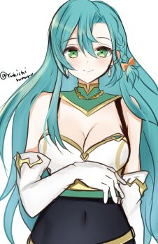 1girl absurdres aqua_hair bow braid breasts chloe_(fire_emblem) cleavage earrings fire_emblem fire_emblem_engage gloves green_eyes highres jewelry large_breasts long_hair looking_at_viewer nintendo orange_bow side_braid smile solo teardrop_earrings white_gloves yukichi_(yukichi_rururu)