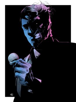 1boy batman_(series) coin colin_craker dc_comics highres holding holding_coin male_focus multicolored_hair shaded_face solo split_theme two-face two-tone_hair upper_body