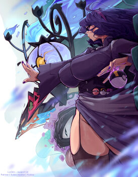 Rule 34 | 1girl, absurdres, black thighhighs, blue fire, breasts, chandelure, curvy, dragapult, dream ball, dreepy, dress, eye trail, fangs, fire, garter straps, gastly, gen 1 pokemon, gen 5 pokemon, gen 8 pokemon, glowing, glowing eyes, hex maniac (pokemon), hex maniac (pokemon xy), highres, huge breasts, light trail, liuskin, looking to the side, master ball, nintendo, open mouth, outstretched arm, plump, poke ball, pokemon, pokemon (creature), pokemon xy, purple dress, purple hair, telekinesis, thighhighs, thighs, tongue, tongue out, ultra ball