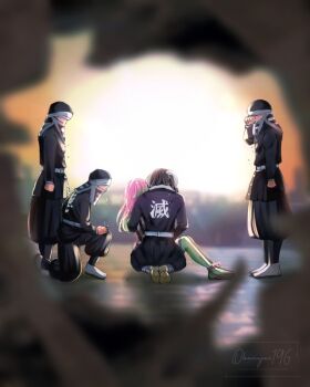 1boy 1girl 3others animal artist_name black_hair black_hat black_jacket black_pants blurry blurry_background demon_slayer_uniform green_thighhighs hat highres iguro_obanai jacket kanroji_mitsuri kimetsu_no_yaiba kneeling long_hair multiple_others obanyai196 pants pink_hair shoes snake spoilers standing thighhighs