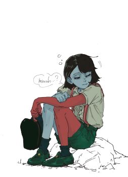 Rule 34 | 1girl, black hair, blue blush, bluebees, bob cut, colored skin, ena: dream bbq, ena (dream bbq), ena (series), green hat, grey skin, hangover ena, hat, highres, multicolored skin, red skin, shirt, short sleeves, simple background, solo, speech bubble, two-tone skin