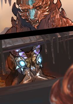 ajarakan blue_eyes highres horns it_(stephen_king) meme monster monster_focus monster_hunter_(series) monster_hunter_wilds no_humans nu_udra open_mouth parody pennywise_in_the_sewer_(meme) petroleum red_eyes saulips scales scene_reference sewer sharp_teeth spikes stalactite teeth