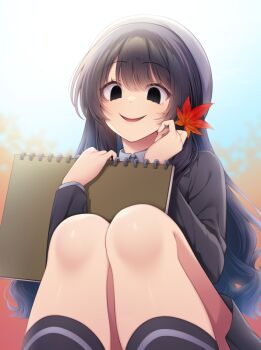 1girl bare_legs beret black_eyes black_hair black_jacket black_skirt black_socks commentary empty_eyes hat holding holding_sketchbook jacket kimi_no_koto_ga_dai_dai_dai_dai_daisuki_na_100-nin_no_kanojo knees leaf long_hair long_sleeves looking_at_viewer maple_leaf parted_lips shisui_suzuka sitting sketchbook skirt smile socks solo white_hat zetsubouda_meru