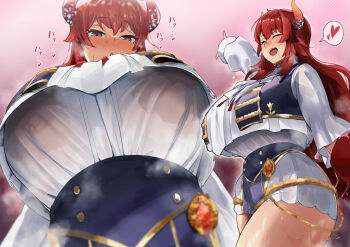 1girl absurdres areolae_visible_through_clothing blush breasts brown_eyes closed_eyes dola_(nijisanji) dragon_girl dragon_horns from_below from_side heart highres horns huge_breasts i_kitsugi idol_clothes jewelry long_hair multiple_views nijisanji nijisanji_idol_uniform open_mouth pink_background pointing red_hair shirt shirt_overhang skirt smile solo spoken_heart standing sweat sweaty_clothes thick_thighs thighs underboob virtual_youtuber white_shirt white_skirt