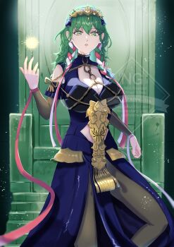 1girl absurdres blue_dress breasts brown_pantyhose cleavage cleavage_cutout clothing_cutout commentary_request crest_of_flames detached_sleeves dress female_byleth_(awakened)_(fire_emblem) female_byleth_(fire_emblem) female_byleth_(sothis_regalia)_(fire_emblem) fire_emblem fire_emblem:_three_houses green_eyes green_hair hair_ribbon highres large_breasts looking_at_viewer nintendo pantyhose ramu_1se red_ribbon ribbon standing stomach_cutout tassel throne tiara watermark white_ribbon