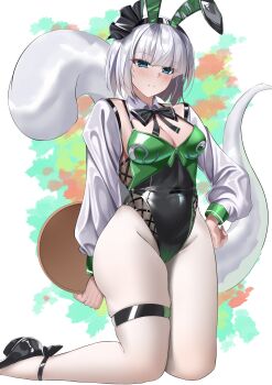 Rule 34 | 1girl, absurdres, alternate costume, animal ear hairband, animal ears, black bow, black bowtie, black hairband, black leotard, black shoes, blue eyes, blush, bow, bowtie, breasts, chinese commentary, cleavage, closed mouth, commentary request, commission, covered navel, detached collar, fake animal ears, grey hair, groin, hairband, hand on own hip, highleg, highleg leotard, highres, hitodama, holding, holding tray, kaijiba, kneeling, konpaku youmu, konpaku youmu (ghost), large breasts, leotard, looking at viewer, pantyhose, playboy bunny, rabbit ear hairband, rabbit ears, shoes, skindentation, solo, thigh strap, thighs, touhou, tray, white pantyhose