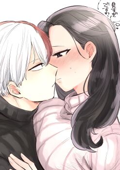 1boy 1girl absurdres ayuhata_toba black_hair black_sweater blush boku_no_hero_academia breast_press breasts closed_mouth commentary_request eye_contact face-to-face hair_down hand_on_another's_chest hetero highres imminent_kiss large_breasts looking_at_another multicolored_hair portrait profile red_hair ribbed_sweater sanpaku shirt speech_bubble split-color_hair sweatdrop sweater thought_bubble todoroki_shoto turtleneck turtleneck_sweater two-tone_hair white_background white_shirt yaoyorozu_momo