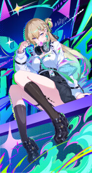 1girl aqua_necktie artist_name black_nails black_shoes black_skirt black_socks blonde_hair blowing_bubble_gum braid braided_bangs breasts charm_(object) chewing_gum clang_bang_(wuthering_waves) cleavage clothes_down commentary earrings fingernails full_body gradient_hair graffiti green_hair hair_between_eyes hair_ornament hand_up headphones headphones_around_neck high-waist_skirt highres holding holding_charm id_card jacket jewelry large_breasts long_hair looking_at_viewer lynae_(wuthering_waves) mihan_(mihan_art) mole mole_on_breast multicolored_hair nail_polish necklace necktie no_thigh_strap purple_eyes shirt shirt_tucked_in shoes sitting skirt skull_hair_ornament socks solo star_(symbol) star_earrings streaked_hair tacet_mark_(wuthering_waves) white_jacket white_shirt wuthering_waves