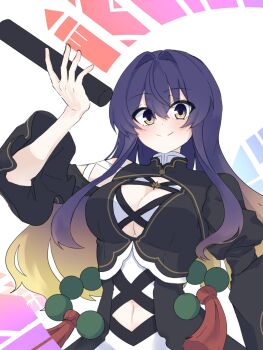 1girl adapted_costume beads black_dress blonde_hair breasts cleavage_cutout closed_mouth clothing_cutout commentary_request dress gradient_eyes gradient_hair hair_between_eyes hand_up highres hijiri_byakuren large_breasts long_hair long_sleeves midriff_peek multicolored_eyes multicolored_hair navel purple_eyes purple_hair shirataki_oden2 smile solo sorcerer's_sutra_scroll touhou upper_body white_background yellow_eyes