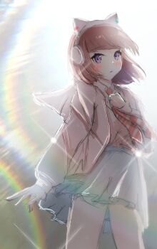 Rule 34 | 1girl, animal ear headphones, animal ears, bairasu 02, blunt bangs, blunt ends, blush, bob cut, brown hair, cat ear headphones, cat ears, closed mouth, collared shirt, commentary request, cowboy shot, diagonal-striped clothes, diagonal-striped necktie, fake animal ears, frilled skirt, frills, hand on own chest, headphones, highres, hood, hooded jacket, ikizulive! love live! bluebird, jacket, looking at viewer, love live!, miniskirt, necktie, open clothes, open jacket, orange necktie, pink jacket, purple eyes, sasaki shion, school uniform, shirt, short hair, skirt, solo, standing, striped clothes, white shirt