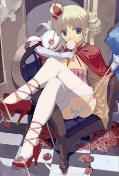 00s 1girl absurdres alice&#039;s_adventures_in_wonderland blue_eyes candy checkered_floor crossed_legs crown drill_hair dwarf earrings elbow_gloves female_focus flat_chest flower food gloves high_heels highres iron_princess_ymir jewelry legs lollipop mibu_natsuki panties queen&#039;s_blade red_flower red_rose rose shoes side-tie_panties sitting solo stuffed_animal stuffed_rabbit stuffed_toy swirl_lollipop thighhighs underwear undressing untied_panties white_panties ymir_(queen&#039;s_blade)