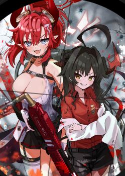 2girls :3 :d absurdres ahoge bare_shoulders black_choker black_hair black_horns black_shorts black_skirt black_tail blue_archive blue_eyes blush breasts brown_eyes bullet_hole choker cleavage collared_shirt cowboy_shot crossed_arms demon_girl demon_horns demon_tail dirty dirty_face dress_shirt fang flamethrower flat_chest garter_straps gas_cylinder gloves goggles goggles_on_head grin gun hair_between_eyes hair_intakes halo highres holding holding_gun holding_weapon horns huge_ahoge kasumi_(blue_archive) large_breasts long_hair looking_at_viewer megu_(blue_archive) miniskirt multiple_girls open_mouth pleated_skirt pointy_ears ponytail red_hair red_halo red_horns red_shirt ribbed_shirt shirt shorts sidelocks skirt sleeveless sleeveless_shirt smile smug sparkle tail tail_raised thighhighs thomason366 tsurime v-shaped_eyebrows weapon white_gloves white_shirt white_thighhighs zettai_ryouiki