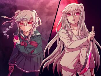 2girls aged_up alternate_costume black_pantyhose black_sailor_collar black_serafuku black_shirt black_skirt blood blood_on_clothes bloody_weapon braid chest_sarashi cowboy_shot danganronpa_(series) danganronpa_2:_goodbye_despair danganronpa_3_(anime) dual_persona formal_clothes glasses grey_hair grimace hand_on_own_arm holding holding_sword holding_weapon injury jacket katana long_hair long_sleeves looking_at_viewer moon multiple_girls neckerchief no_shirt official_alternate_costume official_alternate_hairstyle one_side_up open_mouth pant_suit pants pantyhose pekoyama_peko pink_blood pink_eyes pleated_skirt red_eyes red_moon red_neckerchief reverse_grip ringed_eyes sailor_collar sarashi school_uniform serafuku shirt skirt slouching split_screen standing suit sweatdrop swept_bangs sword teeth twin_braids twintails uneven_eyes upper_body upper_teeth_only weapon white_jacket white_pants white_suit zi_huahuo