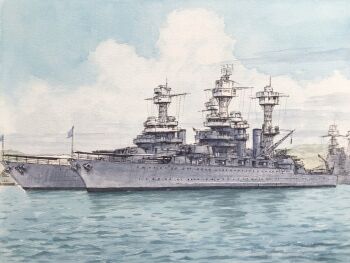 atelier_bono battleship blue_sky casemate cloud commentary_request hawaii highres mast military_vehicle ocean original outdoors painting_(medium) pearl_harbor ship ship_turret sky smokestack traditional_media united_states_navy uss_arizona_(bb-39) uss_tennessee_(bb-43) uss_west_virginia_(bb-48) vehicle_focus warship watercolor_(medium) watercraft