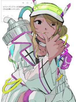 Rule 34 | 1girl, absurdres, bad id, bad twitter id, black choker, brown hair, choker, finger to mouth, highres, idol clothes, idolmaster, idolmaster shiny colors, izumi mei, jacket, long hair, long sleeves, looking at viewer, multicolored hair, odaibako, request inset, see-through clothes, see-through sleeves, sitting, skirt, smile, solo, subro, tongue, tongue out, translation request, visor cap, white background, white jacket, white skirt