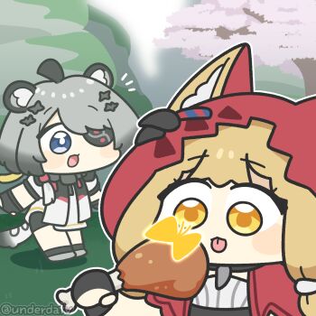 Rule 34 | 2girls, animal ears, arknights, arknights: endfield, artist name, blonde hair, chibi, commentary, english commentary, food, grey hair, highres, multiple girls, rossi (arknights), tail, tangtang (arknights), tiger ears, tiger girl, tiger tail, tongue, tongue out, twitter username, underdatv, wolf ears, wolf girl