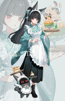 Rule 34 | 1girl, alternate costume, animal ears, apron, bangboo (zenless zone zero), black boots, black hair, blunt bangs, boots, commentary, food, fox ears, fox girl, full body, high ponytail, highres, hoshimi miyabi, japanese clothes, long hair, long sleeves, looking at viewer, maid, maid headdress, parted lips, ponytail, red eyes, ruiuncle, sample watermark, standing, very long hair, wa maid, watermark, white apron, wide sleeves, zenless zone zero