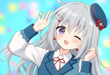1girl ;d blue_background blue_hat blue_jacket blue_nails collared_shirt commentary_request earrings grey_hair hair_ornament hairclip hanazora_satsuki hat heart heart_earrings heart_hair_ornament jacket jewelry kanaru_hanon long_hair long_sleeves looking_at_viewer neck_ribbon one_eye_closed open_mouth palette_project parallel_hairclips purple_eyes red_ribbon ribbon shirt sleeveless sleeveless_jacket smile solo tilted_headwear virtual_youtuber white_shirt