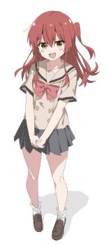 absurdres blush bocchi_the_rock! commentary dot_nose highres kita_ikuyo loafers maho_ron1 open_mouth red_hair ribbon shoes simple_background skirt smile white_background