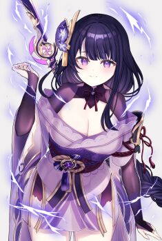 1girl absurdres blunt_bangs blush breasts bridal_gauntlets cleavage closed_mouth clothing_cutout commentary electricity engulfing_lightning_(genshin_impact) fan_hair_ornament flower genshin_impact gradient_hair grey_background head_tilt highres japanese_clothes kimono large_breasts leaning_forward leaning_to_the_side light_smile long_braid long_hair looking_at_viewer mitsudomoe_(shape) mkichi mole mole_under_eye multicolored_hair off_shoulder panties powering_up purple_eyes purple_flower purple_hair purple_kimono purple_nails purple_panties raiden_shogun red_sash sash shade shoulder_cutout shy simple_background solo standing symbol-only_commentary tomoe_(symbol) underwear upper_body