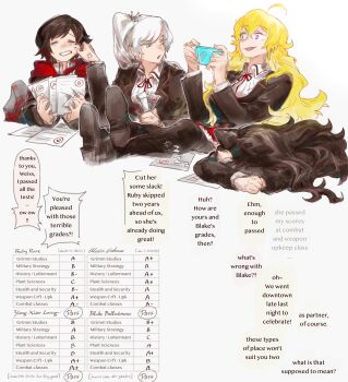 4girls absurdres academic_test ahoge anger_vein black_hair blake_belladonna blonde_hair blue_eyes cheek_pinching clenched_teeth closed_eyes earrings english_text feet_up head_down highres hiru315 holding holding_paper holding_phone jacket jewelry long_hair multiple_girls open_mouth paper phone pinching purple_eyes red_hair ruby_rose rwby scar scar_across_eye scar_on_face school_uniform scolding shirt short_hair side_ponytail simple_background sleeping smug speech_bubble tears teeth test_score very_long_hair wavy_hair weiss_schnee white_background white_hair yang_xiao_long