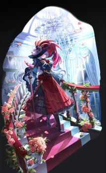Rule 34 | 1girl, absurdres, blue eyes, boots, cane, chandelier, flower, hat feather, high heel boots, high heels, highres, holding, holding cane, large hat, long hair, looking at viewer, original, petals, red flower, red rose, rose, small dduck, solo, stairs, vase, white hair, wide brim